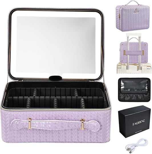 Leather Makeup Case with LED Lighted Mirror 11.4 Inch Travel Makeup Bag Adjustable Brightness in 3 Colors Cosmetic Organizer Artist Storage Bag with Dividers Brush Holder Bag Vanity Shiny Purple