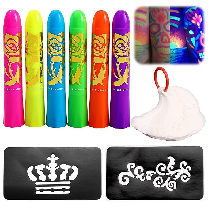 Glow Face Body Paint Pen＆Stencils Kit, Party Decorations with 6 Glow‑in‑the‑Dark Face & Body Paint Pens＆25 Reusable Diverse Art Templates for Halloween Party Kids and Adults