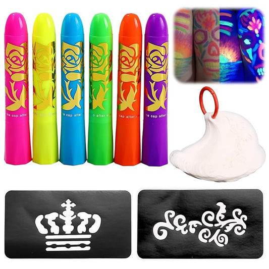 Glow Face Body Paint Pen＆Stencils Kit, Party Decorations with 6 Glow‑in‑the‑Dark Face & Body Paint Pens＆25 Reusable Diverse Art Templates for Halloween Party Kids and Adults
