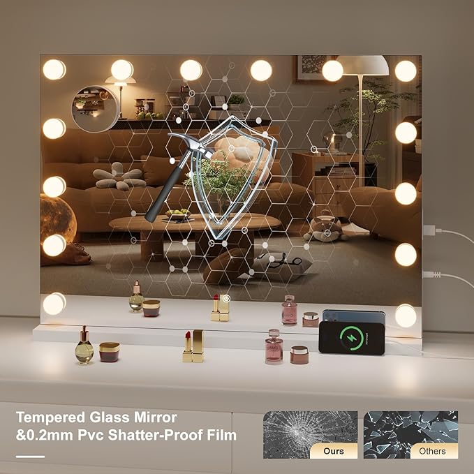 Hasipu Hollywood Vanity Mirror with Lights and Bluetooth Speaker, 35" x 24" Makeup Mirror with 16 Dimmable LED Bulbs 3 Color Modes, 5X Magnifying Glass, Touch Control, USB and Type-C, Tempered Glass