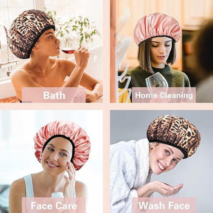 Auban Shower Cap for Women, Adjustable Reusable, Extra Large, Double-Layer Waterproof Bathing Cap, Waterproof Exterior, EVA Lining, Hair Cap for All Hair Lengths, 3 Colors