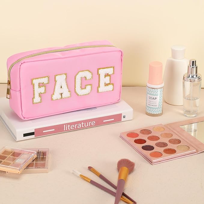 Cunno 4 Pcs Preppy Makeup Bags Chenille Letter Stuff Bag Nylon Cosmetic Pouch Cases with Zipper for Women Travel Toiletry