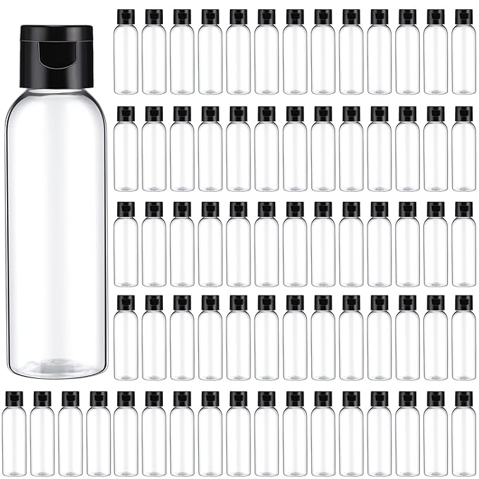 Zhehao 200 Pcs 2 oz Clear Plastic Empty Bottles Small Travel Size Bottles with Flip Cap Empty Transparent Dispenser Container for Liquids Toiletries Shampoo Lotion(Black Cap)