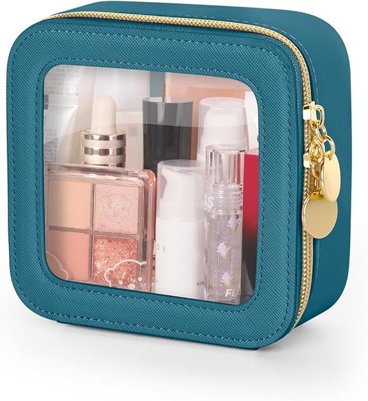 Mini Makeup Bag, Small Makeup Bag for Purse, Waterproof Clear Makeup bag, Leather Cosmetic Bag, Square Make Up Bag Pouch, Toiletry Bag for Travel, Car and Women, Blue