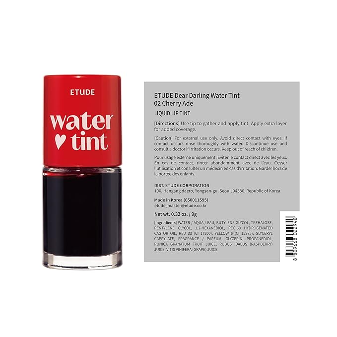 ETUDE Dear Darling Water Tint - Cherry Ade (9g) | Vivid Color Lip Stain with Moisturizing Weightless & Non-sticky Finish Lip Stain | Smudge-proof Lip Tint | Korean Makeup, Kbeauty