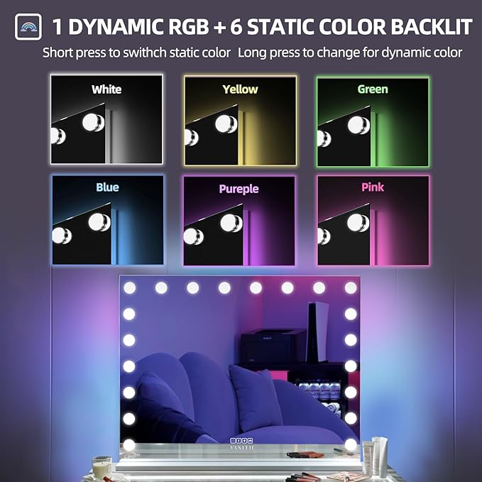 VANITII Large Vanity Mirror with RGB Lights 40"x32" Hollywood Mirror with Lights and Speaker Lighted Makeup Mirror with 20 LED Bulbs Dimmable Smart Touch Mirror for Desktop Wall-Mount