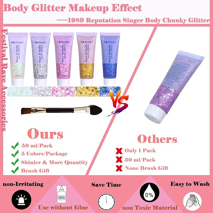 Body Glitter Face Glitter Gel: Singer Concerts Disco Festival Rave Accessories Face Glitter Makeup 150ml Chunky Sequins Mermaid Face Body Hair Glitter Gel (White&Silver&Pink&Gold&Blue)
