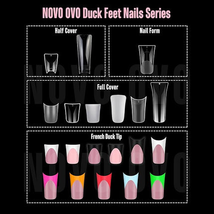 NOVO OVO Halloween Extra Thick Duck Feet Nail Tips Full Cover with Moon Curve for Press on Acrylic, Medim Long Clear Pre-Etched Matte Flare Wide French Soft Gel False Nail Extension x 15 Sizes 240 pcs
