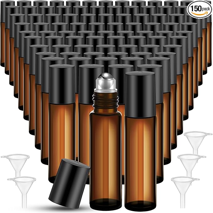 Sumind 150 Pcs Essential Oil Roller Bottles 10 ml Glass Empty Roll on Bottles with Stainless Steel Balls Leak Proof with 5 Funnel for Travel Essential Oil(Amber)
