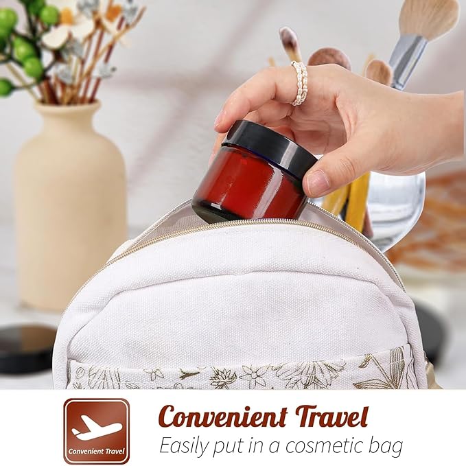 12 Pack 4 oz Round Amber Glass Cosmetic Jars with Inner Liners, Black Lids, Spatula, Chalk Labels, Pen, Candle Holder, Refillable Containers for Makeup, Cream, Sugar Scrubs, Bath Salts