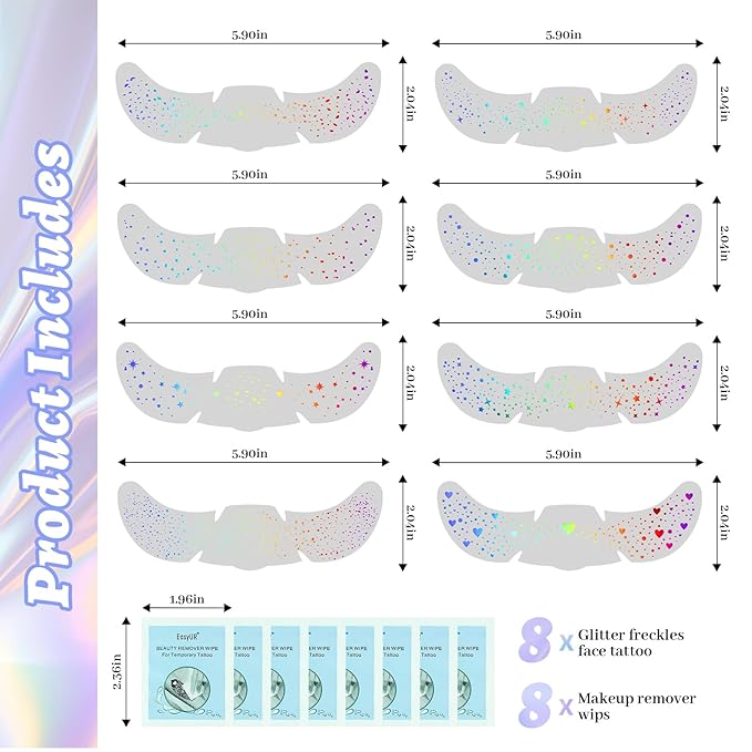 8Pcs Chameleon Glitter Freckles Face Tattoo, Holographic Multichrome Waterproof Face Glitter Speckles Patches, Long Lasting Temporary Tattoos Sticker Makeup for Festive Rave Accessories01