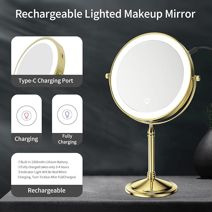 DOWRY Rechargeable Lighted Makeup Mirror 10x Magnification Vanity Mirror Tabletop Two-Sided Swivel Gold Finish
