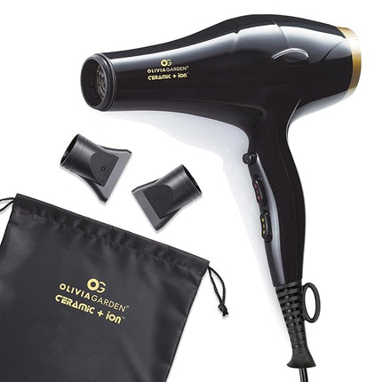 Olivia Garden 1875W Ceramic + Ion Professional Hair Dryer for Men and Women - Fast Drying Blow Dryer - Powerful Ionic Generator - 3 Heat Settings - with 2 Nozzles and Storage Bag - (Black/Gold)