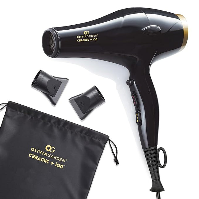 Olivia Garden 1875W Ceramic + Ion Professional Hair Dryer for Men and Women - Fast Drying Blow Dryer - Powerful Ionic Generator - 3 Heat Settings - with 2 Nozzles and Storage Bag - (Black/Gold)