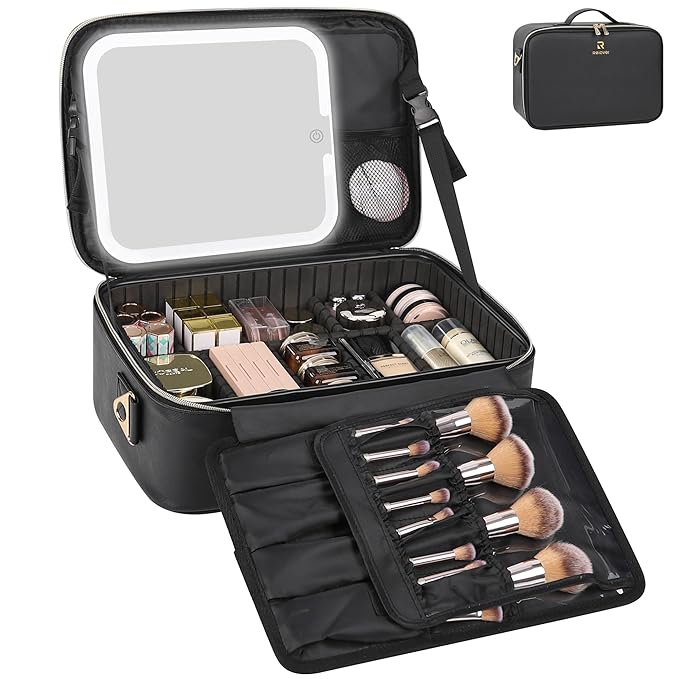 Relavel Makeup Train Case With LED Mirror, Professional Travel Cosmetic Bag with Removable Partitions,Compact Makeup Organizer, Waterproof Toiletry Case for Women, Black