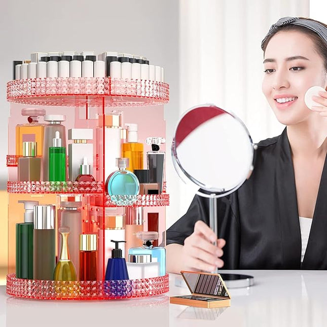 Pink 360 Makeup Organizer Carousel, Organizador De Perfumes, Acrylic Make Up Organizer, Large 7 Layers 360 Makeup Organizer, Fits Makeup Brushes, Lipsticks, Bathroom, Vanity, Plus Size Pink