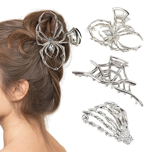 3PCS Silver Spider Hair Claw Clips for Women Mental Gothic Claw Clips for Styling Gothic Hair Accessories for Halloween Party Gifts