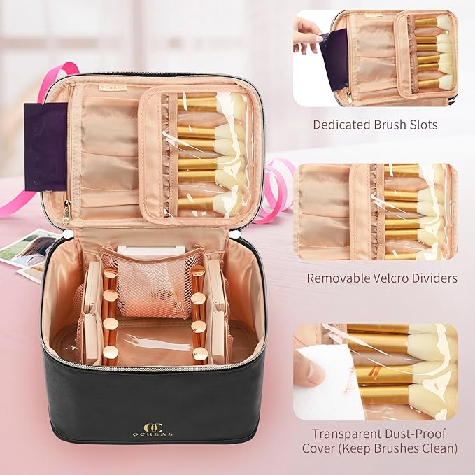 OCHEAL Travel Makeup Bag, Cosmetic Bags for Women Makeup Case Organizer Large Capacity Travel Toiletry Bag Storage Bags with Divider and Handle for Cosmetics Toiletries Brushes Tools-Large, Black