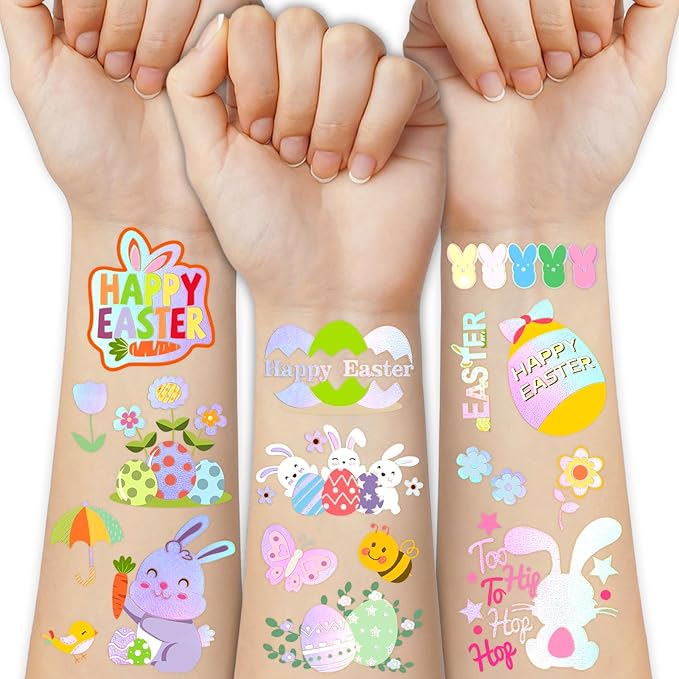 Metuu Easter Temporary Tattoos For Easter Basket Stuffers, 95 Pcs Foil Glitter Style Fake Tattoos For Easter Party Decorations, 4 Sheets Bunny Egg Butterfly Colorful Tattoos for Kids Adults