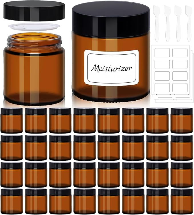 4 oz Amber Glass Jars with Lids - 32 Pack Brown Leakproof Cosmetic Containers with Inner Liners, Wide-Round Smooth Mouth, Sealable for Creams, Essential Oils, Body Butter, Travel Samples