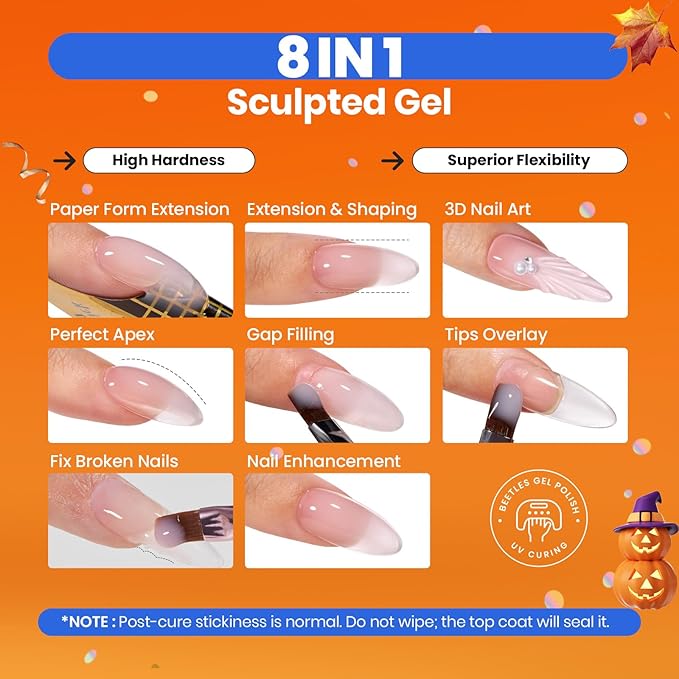 Beetles Hard Gel 8 in 1 60g Clear Scuplted Gel for Nail Extension Sculpting & Overlays High Hardness with Nail Accessories for Professional Use LED & UV Lamp Needed
