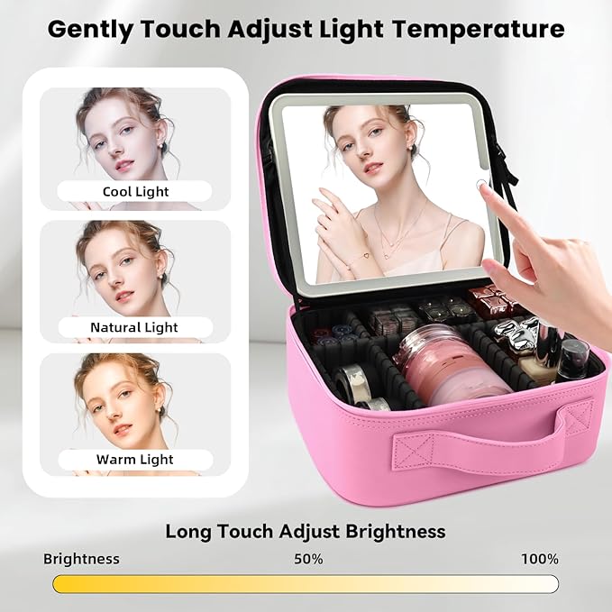 Travel Makeup Bag with LED Mirror and Light Travel Makeup Case Cosmetic Organizer Portable Cosmetic Brush Organizer Bag with Adjustable Dividers for Cosmetics Makeup Brushes Toiletry (Dark Pink)
