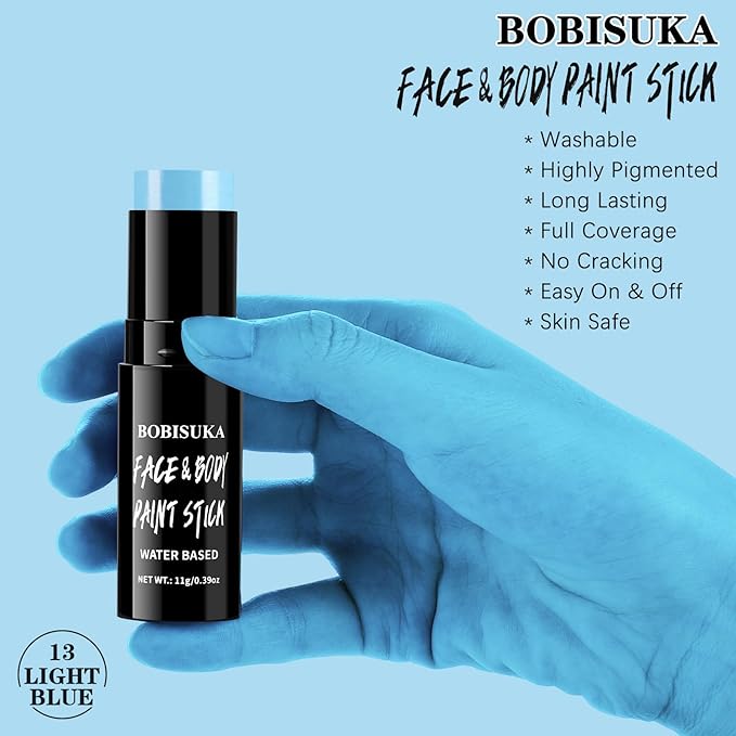 BOBISUKA Light Blue Face Body Paint Stick Washable Water-Based Face Paint Makeup Stick for Halloween Corpse Bride, Sally, Avatar, Skeleton, Skull, Smurf, Cosplay, SFX, Sports Eye Black & Costume Party