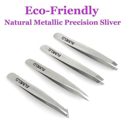 Tweezers Set 4-Piece Professional Stainless Steel Tweezers Gift with Travel Case by Aumelo - Best Precision Eyebrow and Splinter Ingrown Hair Removal Tweezer Tip,No Colored & Chemical Free