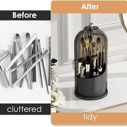 Makeup Brush Holder with Lid 360 Rotating Clear Dustproof Make Up Organizers for Vanity Bathroom Countertop, Black
