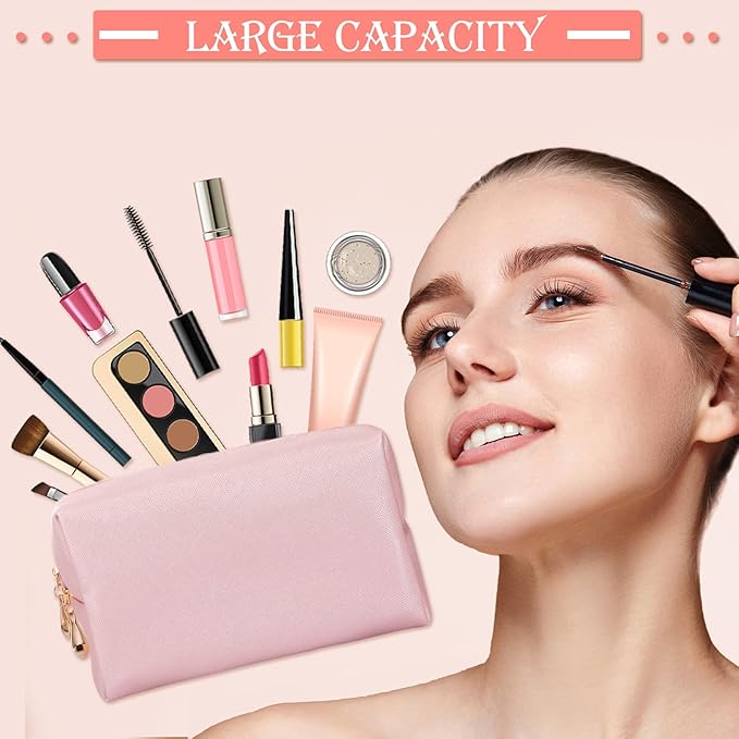 Sanwuta 9 Pcs Makeup Bags Bulk PU Double Zippers Cosmetic Bag Makeup Toiletry Pouch Portable Travel Organizers Case for Women Bachelorette Party End of The Year Bridesmaid Gift(Rose Gold)