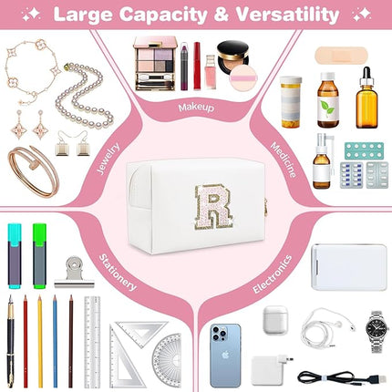 Small Initial Patch Makeup Bag Personalized Gifts Make Up Bag,White Cute PU Leather Glitter Letter Cosmetic Bag with Zipper,Trendy Portable Travel Toiletry Pouch,Preppy Stuff for Teen Girls Women R