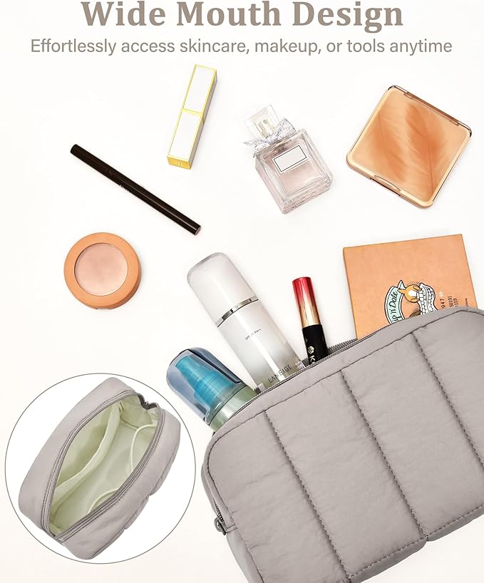 oscaurt 2 Pcs Makeup Bag Travel Toiletry Bag for Women Puffy Padded Cosmetic Pouch Purse Wide-open Makeup Organizer Case Travel Essentials