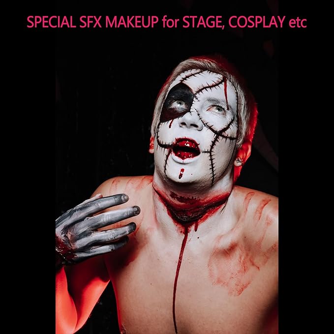 6PCS Halloween Makeup Set Includes Fake Blood, Black White Red Face Body Paint, Vampire Teeth Fang and Stipple Sponge for Costumes, Cosplay, Dress-Up