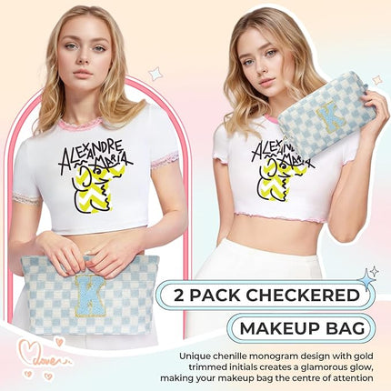 2PCS Checkered Makeup Bag for Women Personalized Initial Letter Makeup Bag Travel Toiletry Bag Organizer Cute Makeup Brushes Storage Bag Mother's Day Birthday Gift for Women (Blue S)