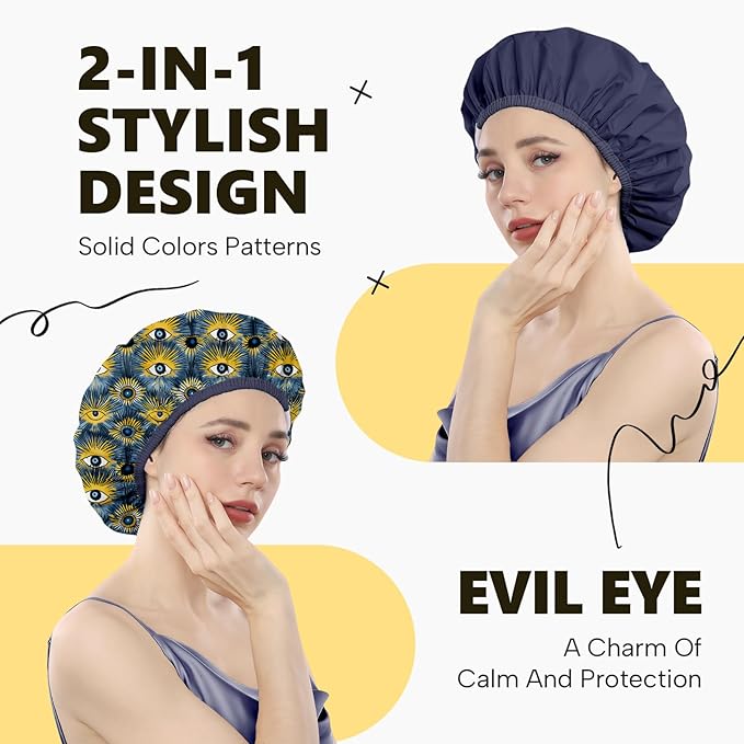 Years Calm Evil Eye Shower Caps for Women Reusable Waterproof, Pattern and Solid Color Dual-Layer Design, Hair Cap for Shower with Elastic Band, Fits Braids, Dreadlocks & Long Hair (Royal Blue)