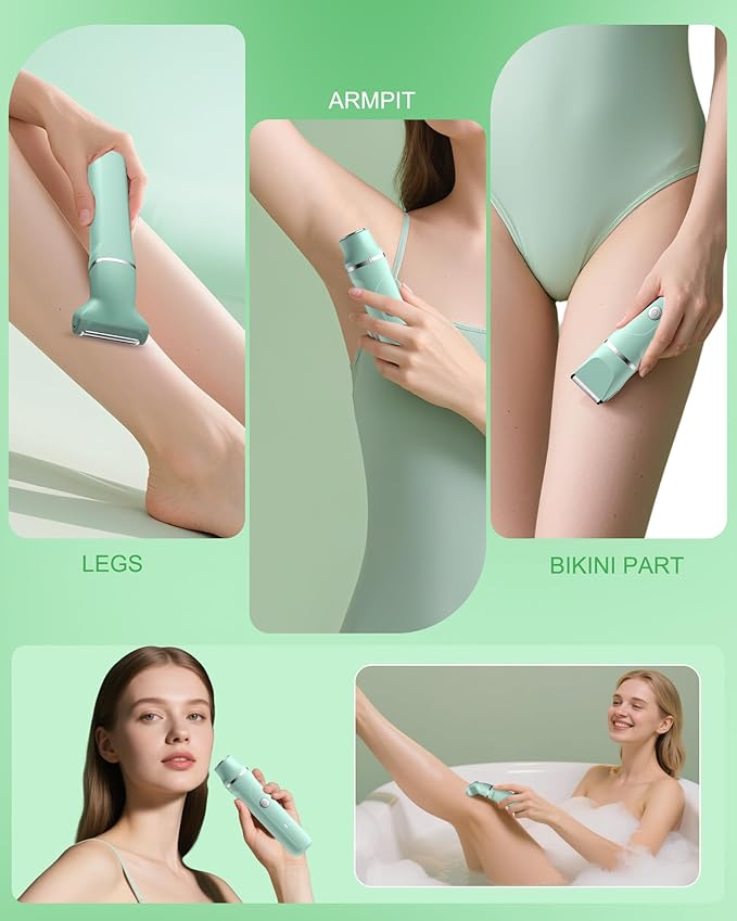 Electric Shaver for Women,3-in-1 Bikini Trimmer for Women & Body Shaver, IPX7 Waterproof,Hypoallergenic Ceramic Blades,USB-C Fast Charging,Travel Trimmer for Face, Legs,Bikini Line & Foil,Green