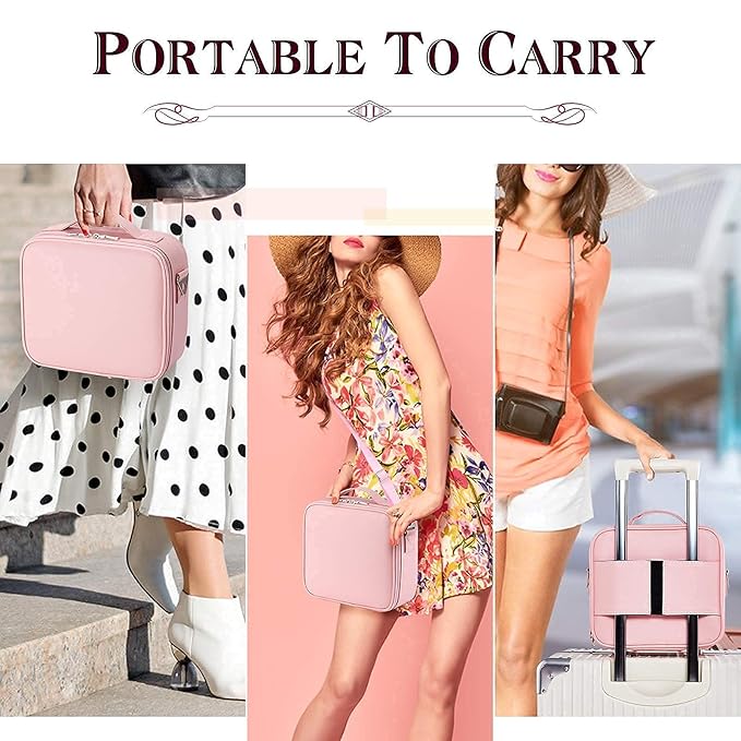 gzcz Makeup Bag Organizer 10.2'' Travel Makeup Train Case Cosmetic Brush Organizer Portable Artist Storage bag with Adjustable Dividers and shoulder strap for Make up Accessories (Cute Pink)