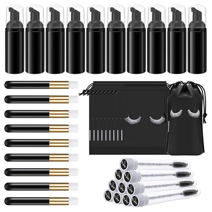 Homicozy 40 Pcs Lash Shampoo Bottle Brushes & Dispensers Set - 10 Pcs Lash Brushes, Tubes & Aftercare Bag for Clients, Women, Girls (Black)