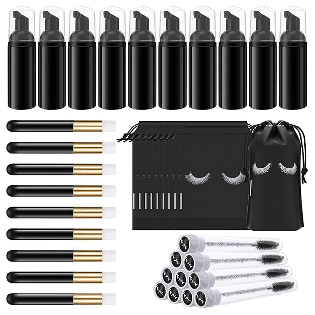 Homicozy 40 Pcs Lash Shampoo Bottle Brushes & Dispensers Set - 10 Pcs Lash Brushes, Tubes & Aftercare Bag for Clients, Women, Girls (Black)