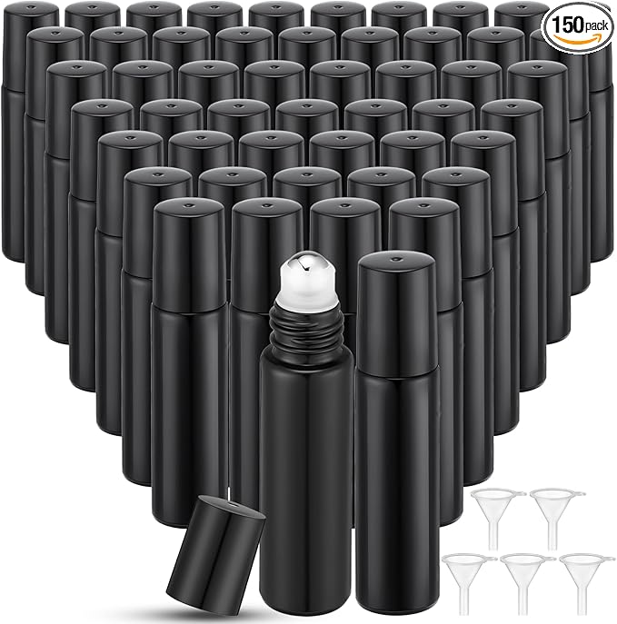 Sumind 150 Pcs Essential Oil Roller Bottles 10 ml Glass Empty Roll on Bottles with Stainless Steel Balls Leak Proof with 5 Funnel for Travel Essential Oil(Black)
