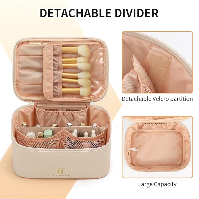 OCHEAL Beige Makeup Bag,Travel Makeup Organizer Bag, Large Capacity Cosmetic Bags For Women Large Travel Toiletry Bag Girls Traveling With Brush Slot And Divider-White