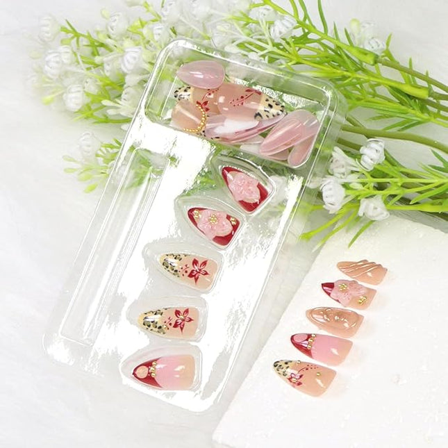 Short Press on Nails Almond Fake Nails with 3D Flower Gold Pearl Leopard Designs Red French Tips Nails Press ons Glossy Nude Pink Acrylic Nail Winter Fall Stick on Nail for Women 24 Pcs