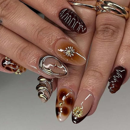 French Tips Press on Nails Medium Almond Fake Nails with Chrome 3D Star Gold Pearl Designs Brown Gradient Nude Glossy Acrylic Nail Fall Winter Stick on Nail for Women 24 Pcs