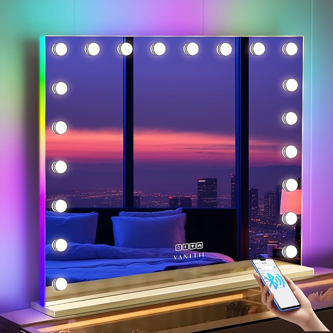 VANITII Large Vanity Mirror with RGB Lights 40"x32" Hollywood Mirror with Lights and Speaker Lighted Makeup Mirror with 20 LED Bulbs Dimmable Smart Touch Mirror for Desktop Wall-Mount