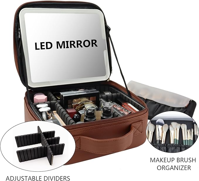 Travel Makeup Bag with LED Mirror Travel Makeup Organizer with 3 Lighted Settings, Adjustable Dividers and Makeup Brush Storage Bag Dark Brown