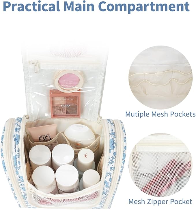 Narwey Hanging Toiletry Bag Women Travel Makeup Bag Organizer Toiletries Bag for Travel Size Essentials Accessories Cosmetics (Medium,Little Blue Flower)