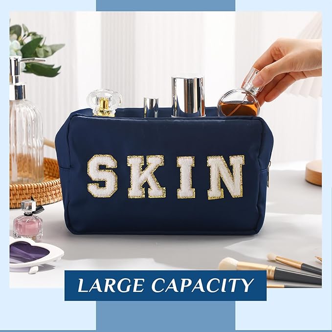 Cunno 4 Pcs Preppy Makeup Bags Chenille Letter Stuff Bag Nylon Cosmetic Pouch Cases with Zipper for Women Travel Toiletry