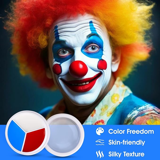 3 Colors Face Body Paint [Blue White Red] + 3pc Sponge + 3pc Brush, USA Themed Accessories Flag Color Eye Black for Sport, Face Paint Halloween Makeup Kit for Clown Vampire Joker Makeup