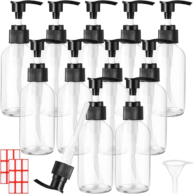 Tanlade 12 Pcs Glass Pump Bottle Dispenser 4 oz Travel Bottles with Pump Refillable Glass Containers for Toiletries Lotion Liquid Soap Shampoo Essential Oils Cosmetic Travel Accessories(Clear)