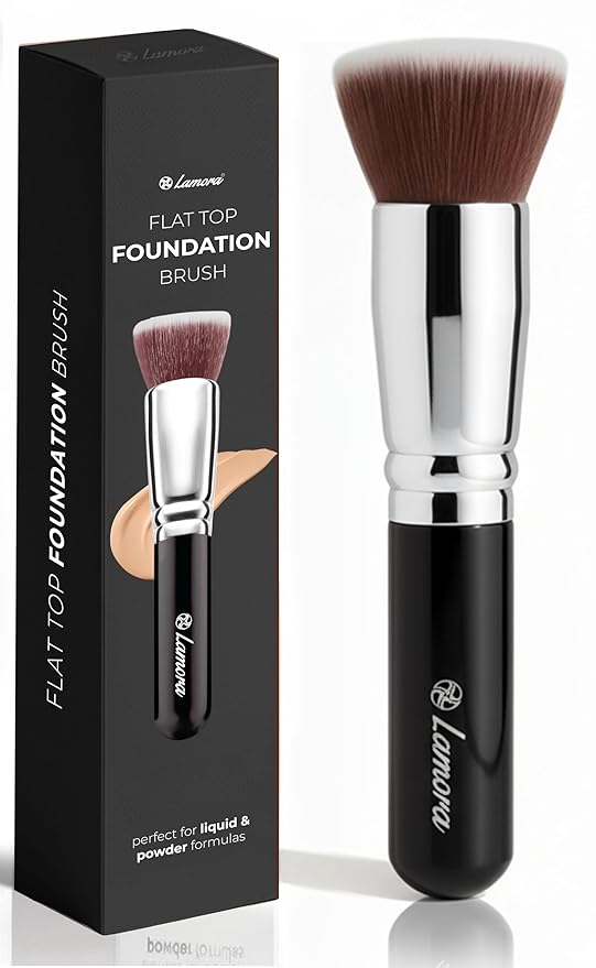 Lamora Makeup Brush Foundation Kabuki - Flat Top Face Brush for Liquid, Cream, and Powder Cosmetics - Full Coverage Blending, Buffing, Stippling, Contouring
